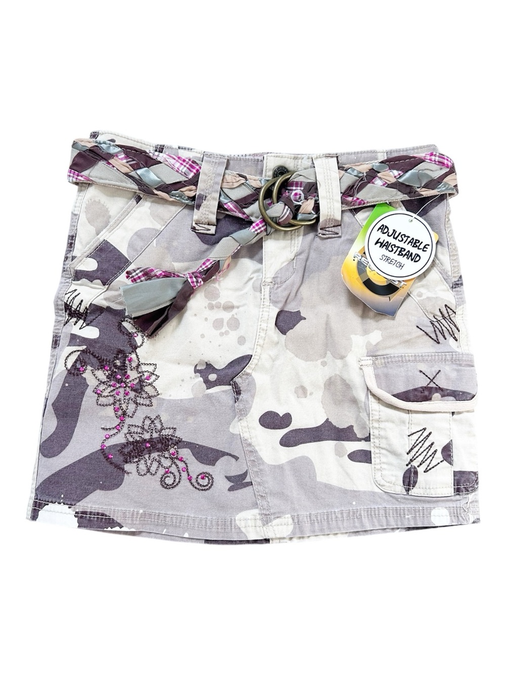 Girls' Camo Print Skirt with Adjustable Waistband, Embellishments, Belt Size 10